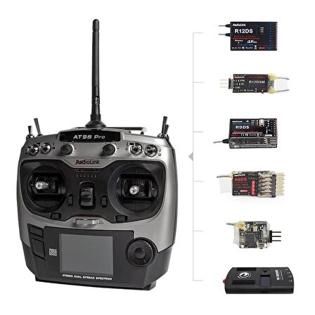 Radiolink AT9S Pro 10CH/12CH 10/12 Kanal Radio Kontrol Uzaktan Kumanda & R9DS Alıcı - Gümüş Gri ( 3.4KM Kontrol Mesafesi )