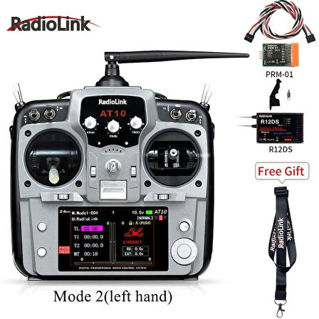 Radiolink AT10II 2.4Ghz 12 Kanal DSSS/FHSS Radio Kontrol Uzaktan Kumanda +R12DS Alıcı+PRM-01 Telemetri Sensörü Gri (4KM Kontrol Mesafesi)