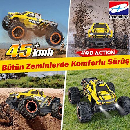 HAIBOXING RC 1/16 Ravage 45+ KM/H Sürat Uzaktan Kumandalı RC Model Araba RTR Elektrikli 4WD Brushless Fırçasız Offroad Truck (Sarı)