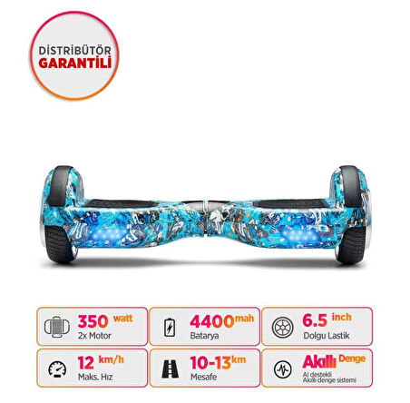 Elektrikli Kaykay Scooter Hoverboard 6.5 Inch Mavi Kurukafa Grafity Desenli Akıllı -denge - D20