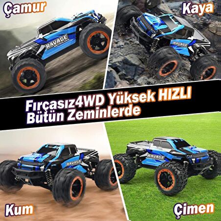 HAIBOXING RC 1/16 Ravage 45+ KM/H Sürat Uzaktan Kumandalı RC Model Araba RTR Elektrikli 4WD Brushless Fırçasız Offroad Truck (Mavi)