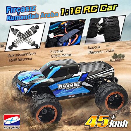 HAIBOXING RC 1/16 Ravage 45+ KM/H Sürat Uzaktan Kumandalı RC Model Araba RTR Elektrikli 4WD Brushless Fırçasız Offroad Truck (Mavi)