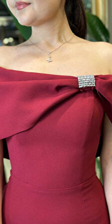 Bordo Taş Detaylı  Yırtmaçlı Düz Kesim Krep Uzun Abiye Elbise 7701