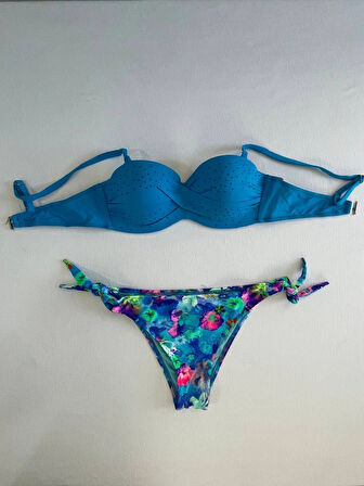 Kadın Mavi Taş İşlemeli Desenli Astarlı Bikini Takım HZL25S-LC203
