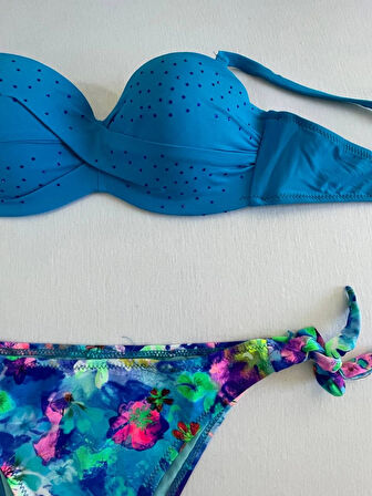 Kadın Mavi Taş İşlemeli Desenli Astarlı Bikini Takım HZL25S-LC203