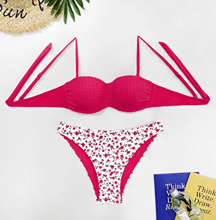 Kadın Mürdüm Beyaz Çiçek Desenli Bikini Takım HZL25S-LC211