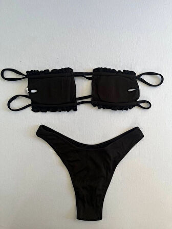 Kadın Siyah İp Bağlamalı Büzgülü Straplez Bikini Takım HZL25S-LC2226