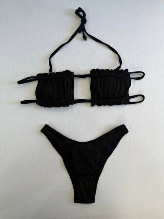 Kadın Siyah İp Bağlamalı Büzgülü Straplez Bikini Takım HZL25S-LC2226