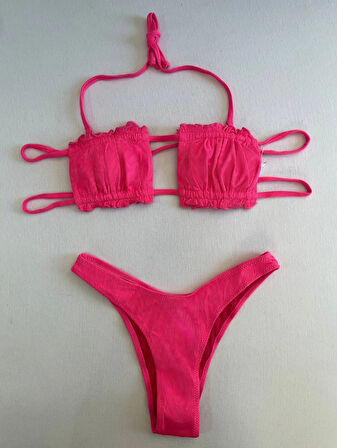 Kadın Pembe İp Bağlamalı Büzgülü Straplez Bikini Takım HZL25S-LC2226