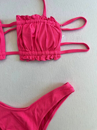 Kadın Pembe İp Bağlamalı Büzgülü Straplez Bikini Takım HZL25S-LC2226