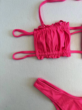 Kadın Pembe İp Bağlamalı Büzgülü Straplez Bikini Takım HZL25S-LC2226