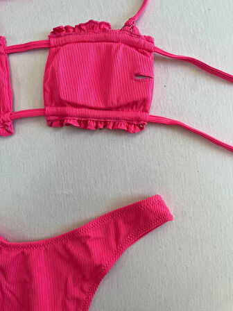Kadın Pembe İp Bağlamalı Büzgülü Straplez Bikini Takım HZL25S-LC2226