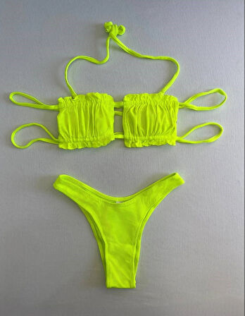 Kadın Neon Yeşil İp Bağlamalı Büzgülü Straplez Bikini Takım HZL25S-LC2226