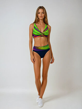 Kadın Lacivert Sarı Desenli Yüksel Bel Astarlı Bikini Takımı HZL25S-LC22315-5