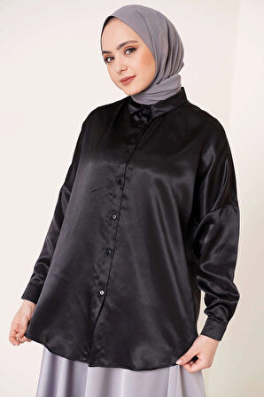 Kadın Siyah Tesettür Küçük ve Büyük Bedenler Hafif Dökümlü Saten Yüzeyli Gömlek HZL25W-BD139641