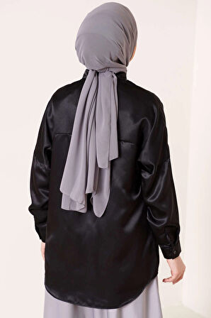 Kadın Siyah Tesettür Küçük ve Büyük Bedenler Hafif Dökümlü Saten Yüzeyli Gömlek HZL25W-BD139641