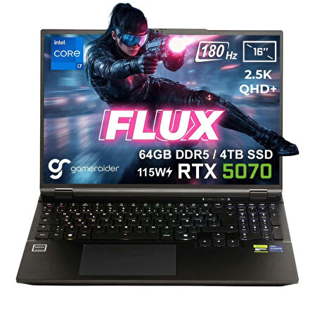 GameRaider FLUX GR16 Intel Core i7-14650HX 64GB DDR5 4TB SSD RTX 5070 8GB 115W 16 inç 2.5K QHD+ 180Hz FreeDos Gaming Laptop
