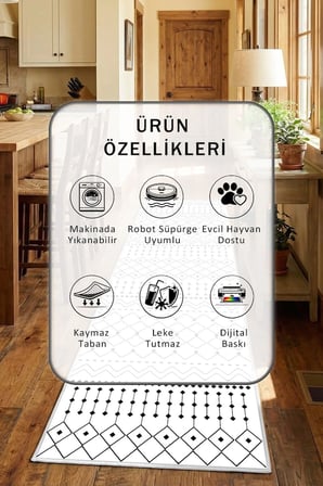 Yıkanabilir Kaymaz Beyaz Mutfak Halısı Tüy Tutmaz Leke Tutmaz