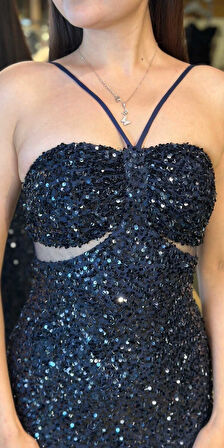 Lacivert İp Askılı Düz Kesim Payet Uzun Abiye Elbise 7702