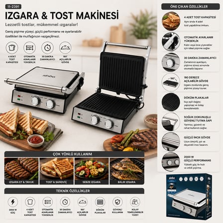 4 Dilim Tost ve Izgara Makinesi 2000W - Yapışmaz Kaplama
