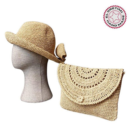 Uretti - Necla 1824 3565 El Yapımı Kağıt İp Şapka ve Clutch Çanta  Set / Bej