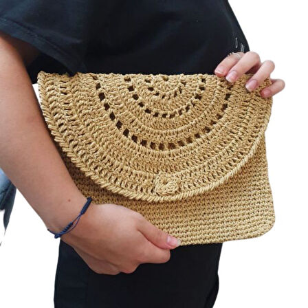 Uretti - Necla 1824 3565 El Yapımı Kağıt İp Şapka ve Clutch Çanta  Set / Bej
