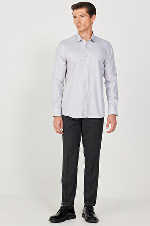Erkek Gri Ütü Gerektirmez Taılored Slim Fit Dar Kesim Klasik Yaka %100 Pamuk Non-Iron Gömlek