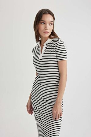 DeFacto Fitted Çizgili Polo Yaka Kısa Kollu Tişört A0380AX24SMWT32