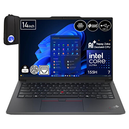 Lenovo Thinkpad E14 Gen 6 21M7008VTXEP1 Ultra 7-155H 24GB Ram 512GB SSD WIN11 Pro 14" Wuxga + Elektropasaj Çanta