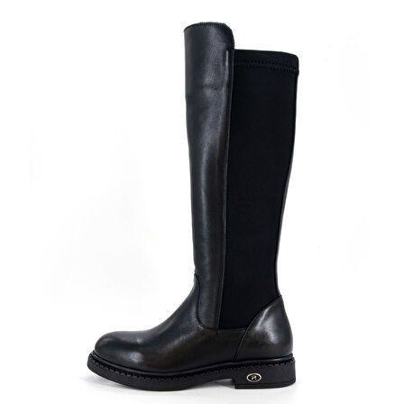 Mammamia D25kc-2365 Kadın Hakiki Deri Arka Konç Likralı Günlük Çizme Siyah