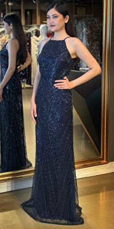 Lacivert Stefanel Yaka Sırt Dekolteli  Düz Kesim Pullu Boncuklu Uzun Abiye Elbise 7712