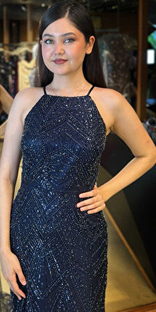 Lacivert Stefanel Yaka Sırt Dekolteli  Düz Kesim Pullu Boncuklu Uzun Abiye Elbise 7712