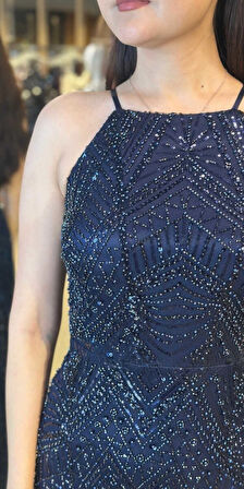 Lacivert Stefanel Yaka Sırt Dekolteli  Düz Kesim Pullu Boncuklu Uzun Abiye Elbise 7712