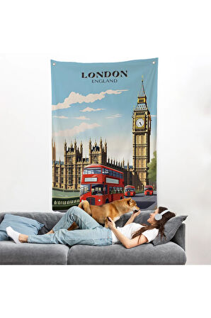 Londra Şehir Manzarası ve Kırmızı Otobüs Duvar Örtüsü-7712