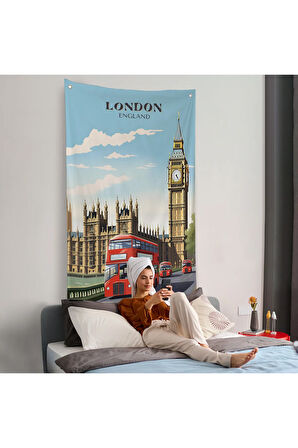 Londra Şehir Manzarası ve Kırmızı Otobüs Duvar Örtüsü-7712