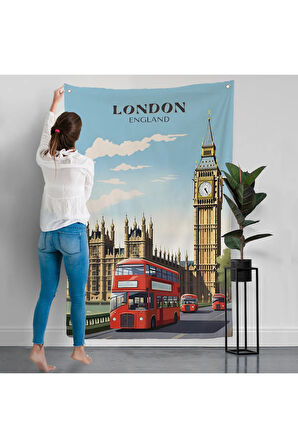 Londra Şehir Manzarası ve Kırmızı Otobüs Duvar Örtüsü-7712