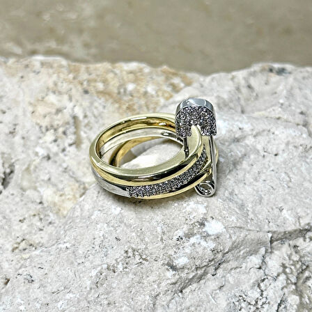 3'lü Silver-Gold Taşlı Çengelli İğne Yüzük