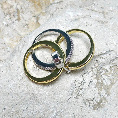 3'lü Silver-Gold Taşlı Çengelli İğne Yüzük