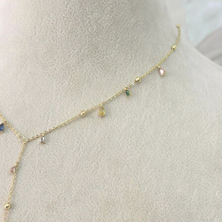 Renkli Taşlı Y Kolye Gold