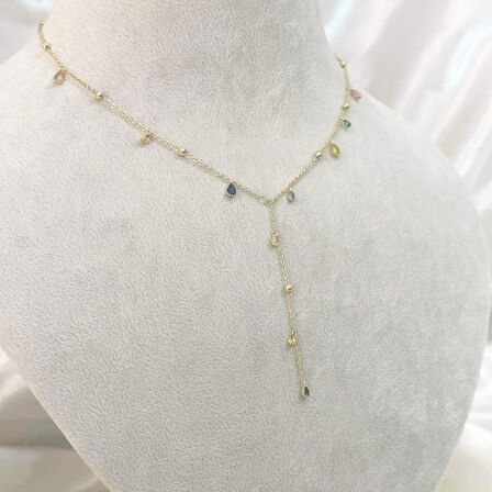 Renkli Taşlı Y Kolye Gold