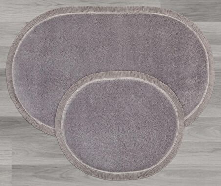 My Evilla Modern Dekoratif Halı Jel Kaymaz Taban Peluş Gri Saçaklı Oval Paspas Takımı 60x100