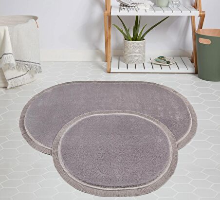 My Evilla Modern Dekoratif Halı Jel Kaymaz Taban Peluş Gri Saçaklı Oval Paspas Takımı 50x80