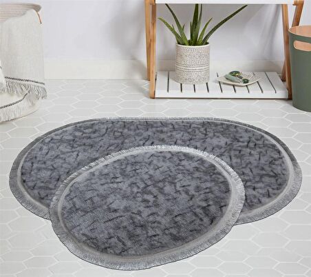 My Evilla Modern Dekoratif Halı Jel Kaymaz Taban Peluş Gri Desenli Saçaklı Oval Paspas Takımı 50x80