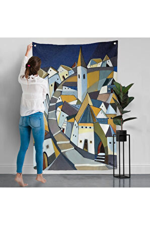 Sıkışık Mavi Evler Duvar Örtüsü-7718