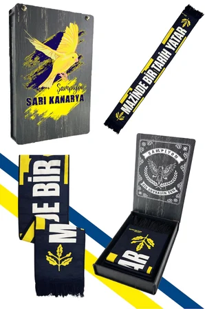 Fenerbahçe Sarı Lacivert Palamutlu Unisex Dokuma Atkı Uv Kutu Hediyeli