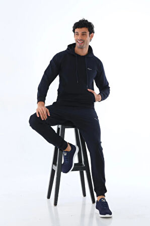 Erkek Iki Iplik Kumaş Sweatshirt Kapüşonlu Lacivert Bel Lastikli Eşofman Takımı - 7720