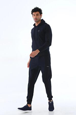 Erkek Iki Iplik Kumaş Sweatshirt Kapüşonlu Lacivert Bel Lastikli Eşofman Takımı - 7720