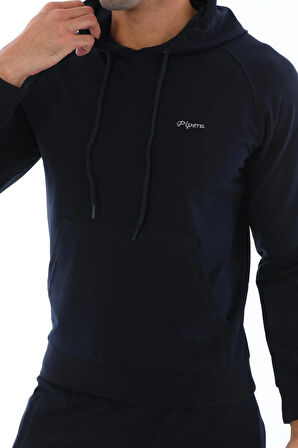 Erkek Iki Iplik Kumaş Sweatshirt Kapüşonlu Lacivert Bel Lastikli Eşofman Takımı - 7720