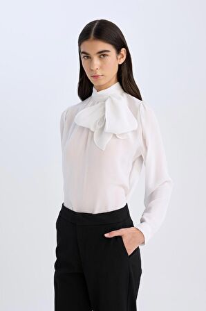 DeFacto Regular Fit Fiyonk Yaka Basic Düz Saten Uzun Kollu Bluz D3133AX24AUWT34