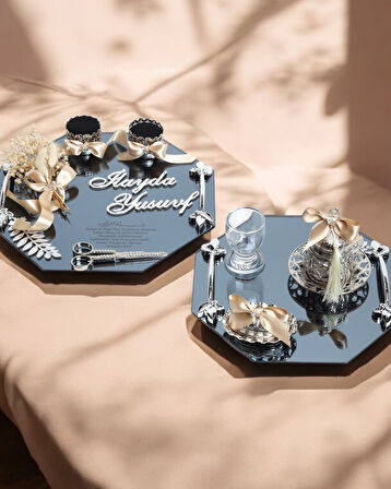 Affinity Sekizgen Gümüş Söz ve Nişan Tepsisi ile Damat Kahve Fincan Tepsisi